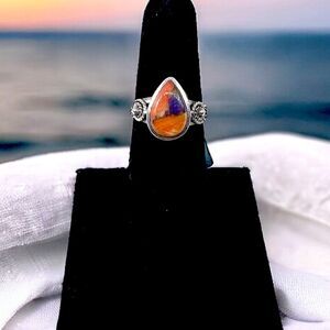 Spiny Oyster Turquoise Ring Teardrop Solid .925 Sterling Silver  - Size 6.5